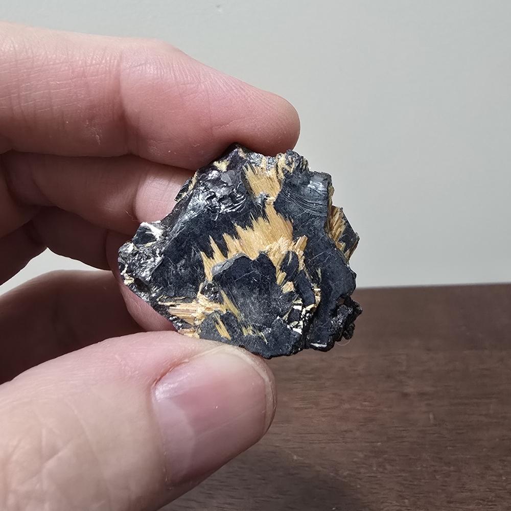 Golden Rutile on Hematite Crystal Cluster